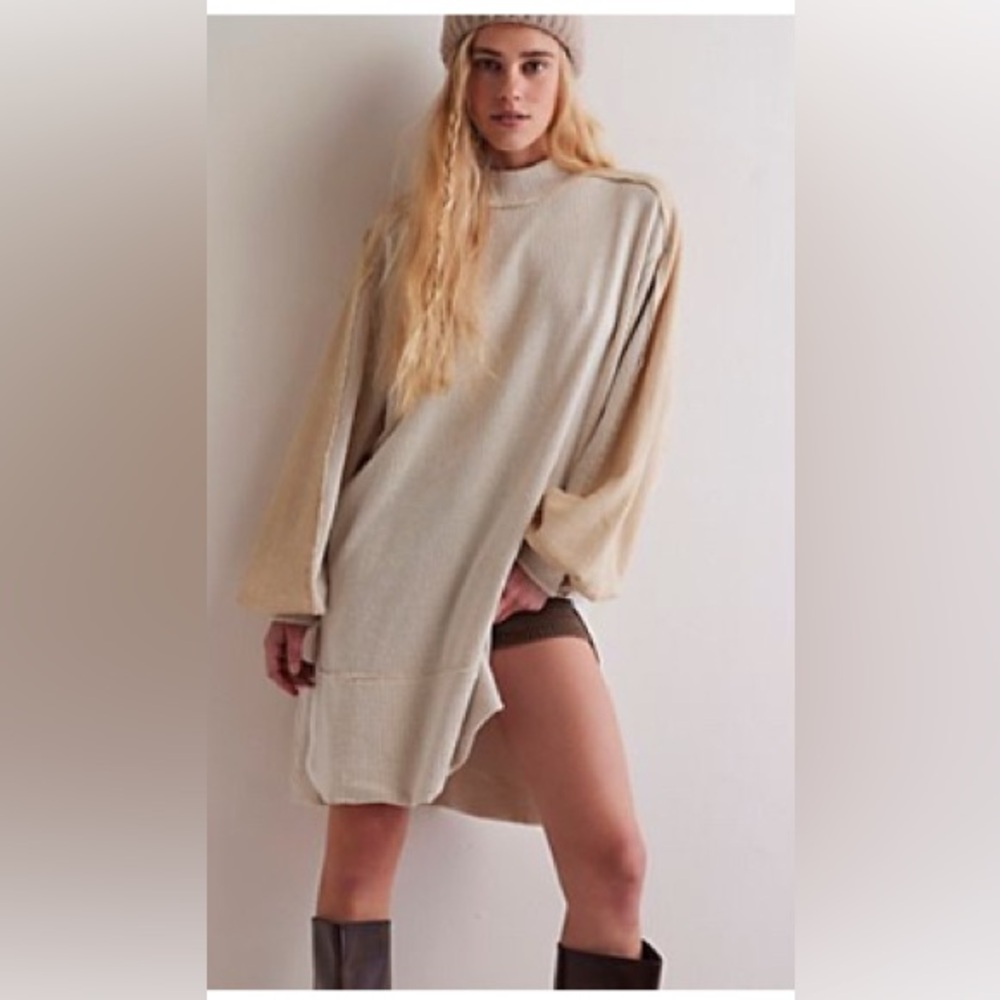 We The Free Cream and Brown Cowl Neck Sweater